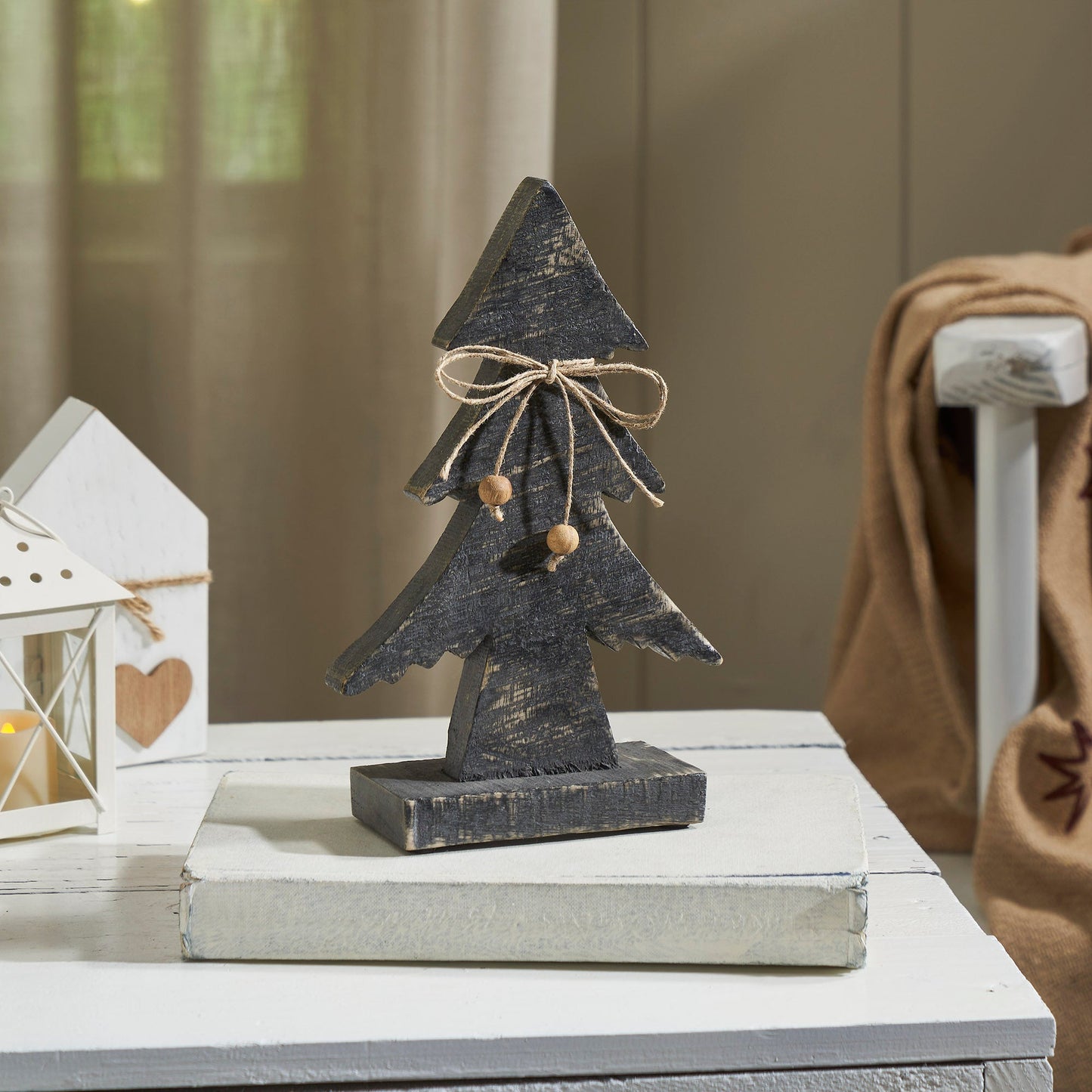 Three-Tiered Pine Distressed Dark Grey Wooden Tree Small