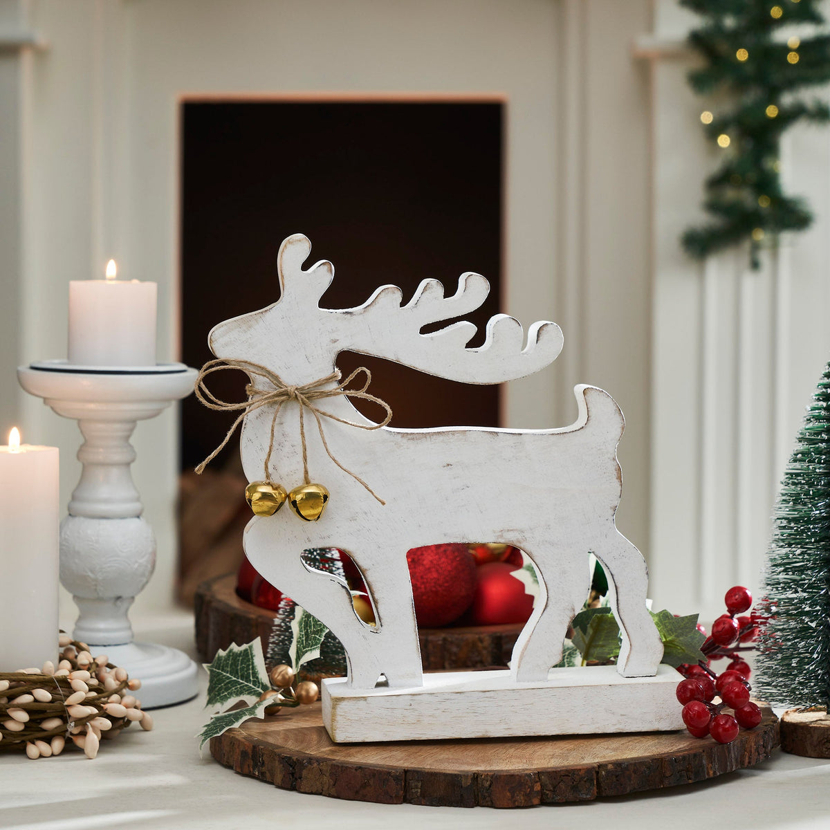 Winter Walk Distressed White Wooden Reindeer Large