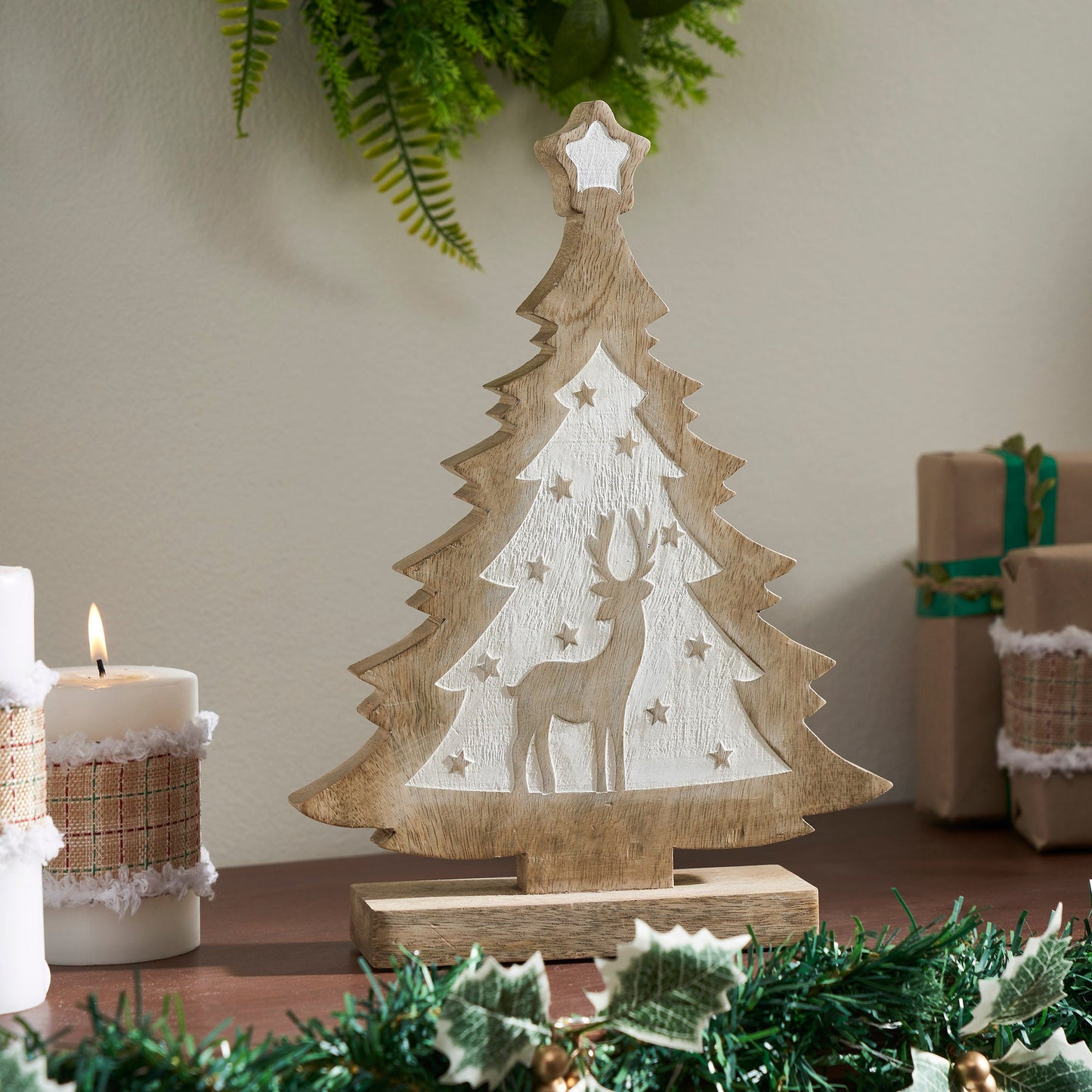 White Washed Winter Frolic Natural Wooden Tree