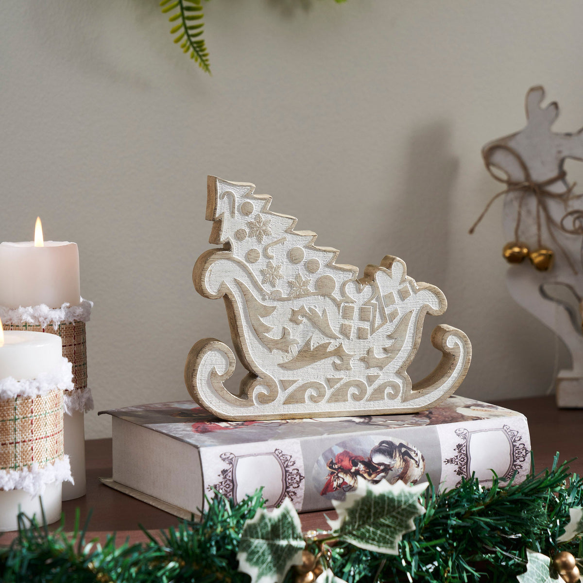 White Washed Santa on Duty Natural Wooden Sleigh