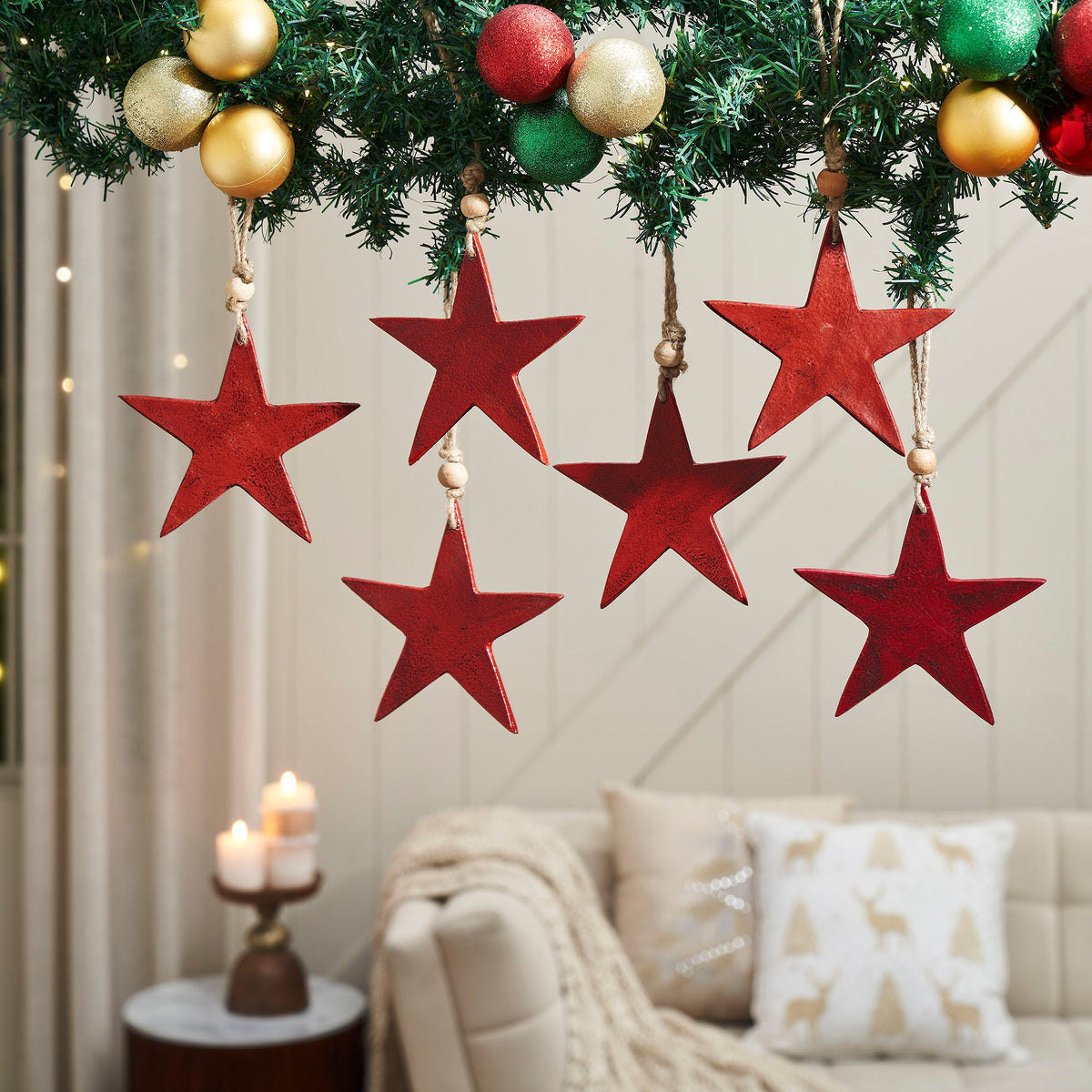 Antique Red Metal Star Ornament Set of 6