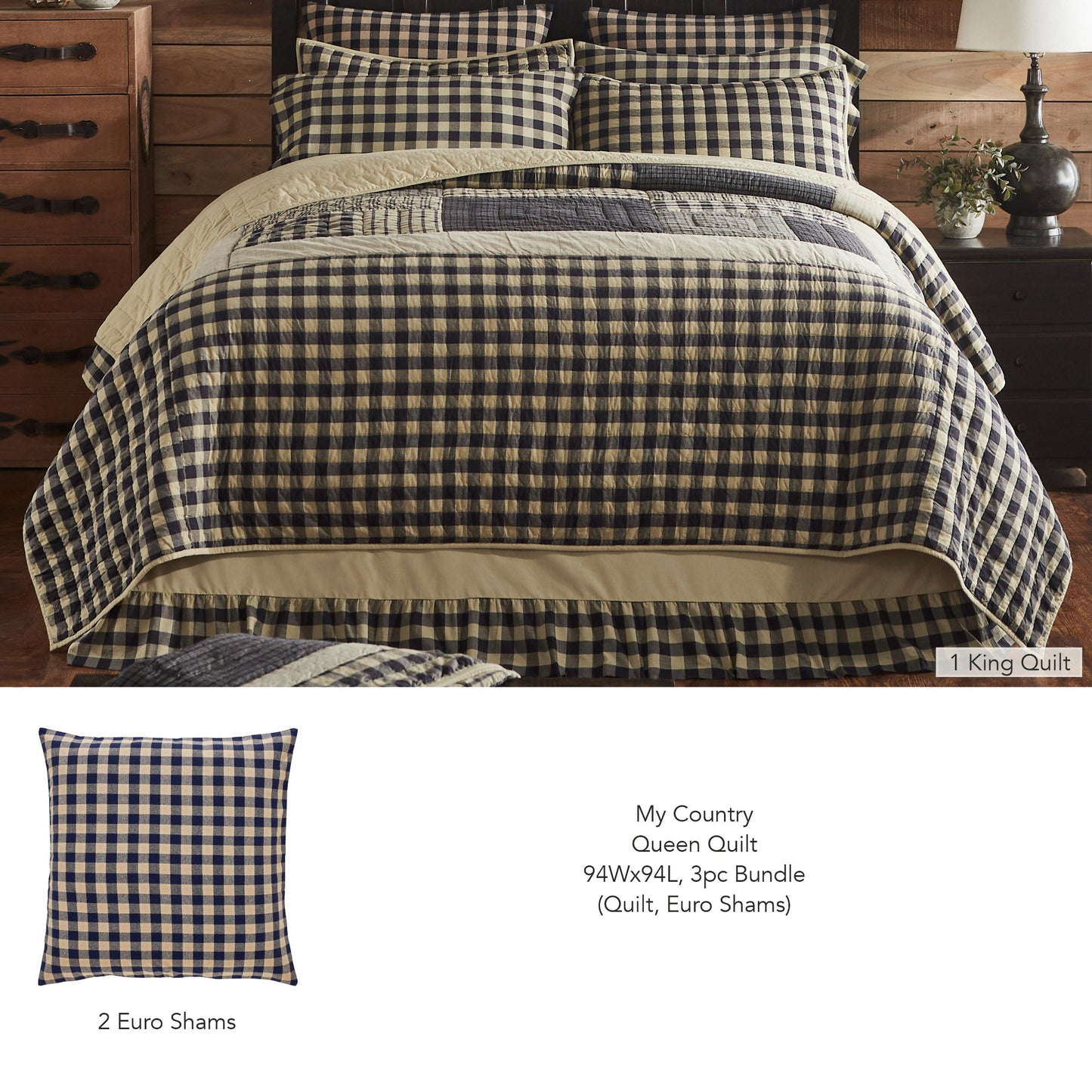 My Country Queen Quilt 94Wx94L 3pc Bundle (Quilt, Euro Shams)