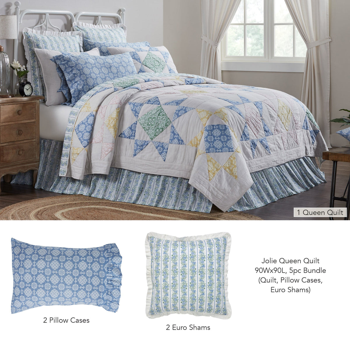 Jolie Queen Quilt 90Wx90L 5pc Bundle (Quilt, Pillow Cases, Euro Shams)