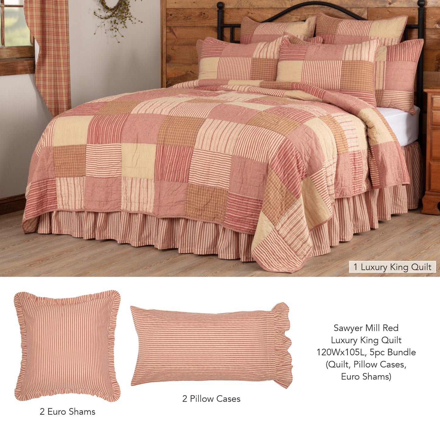 Sawyer Mill Red Luxury King Quilt 120Wx105L 5pc Bundle (Quilt, Pillow Cases, Euro Shams)