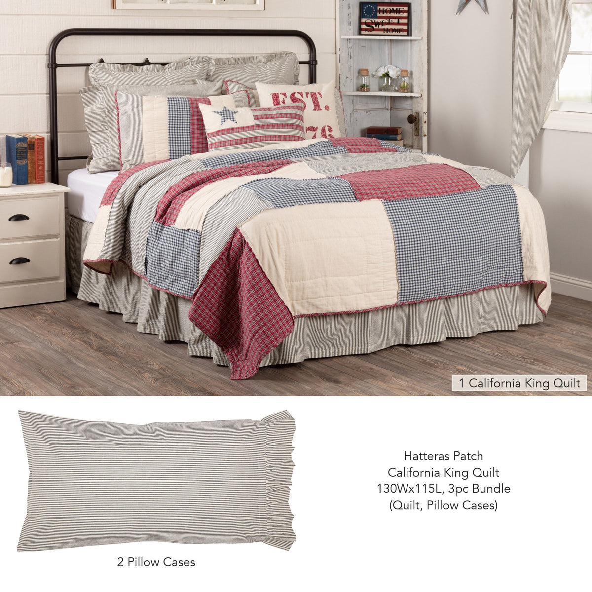 Hatteras Patch California King Quilt 130Wx115L 3pc Bundle (Quilt, Pillow Cases)