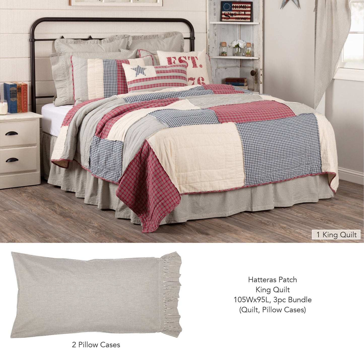 Hatteras Patch King Quilt 105Wx95L 3pc Bundle (Quilt, Pillow Cases)