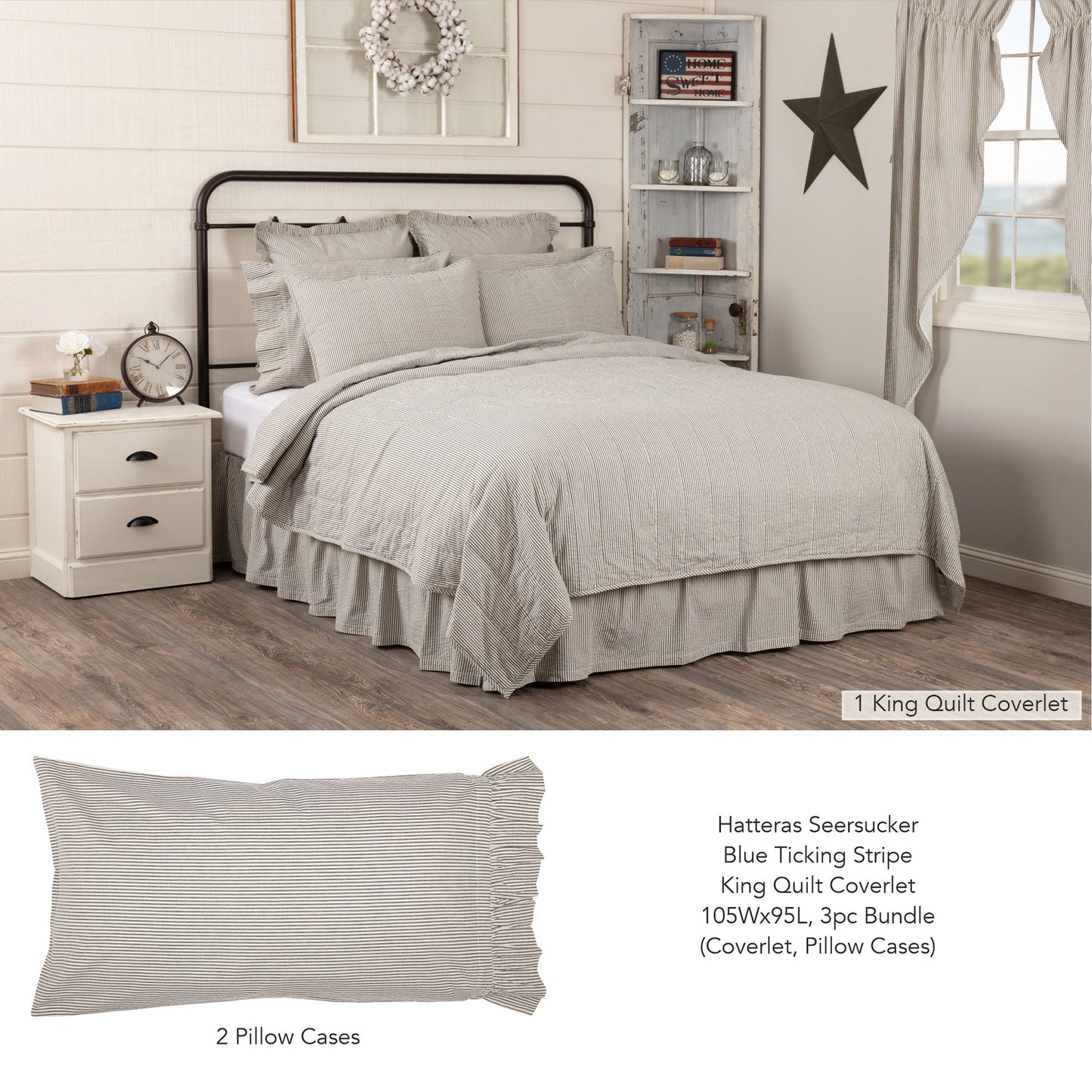 Hatteras Seersucker Blue Ticking Stripe King Quilt Coverlet 105Wx95L 3pc Bundle (Coverlet, Pillow Cases)