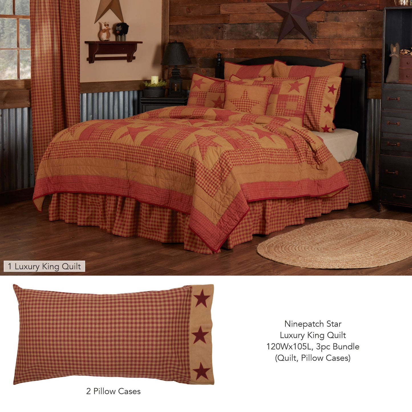 Ninepatch Star Luxury King Quilt 120Wx105L 3pc Bundle (Quilt, Pillow Cases)