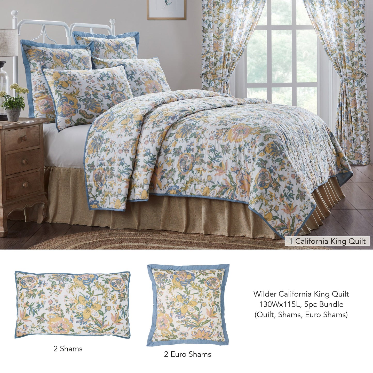 Wilder California King Quilt 130Wx115L 5pc Bundle (Quilt, Shams, Euro Shams)