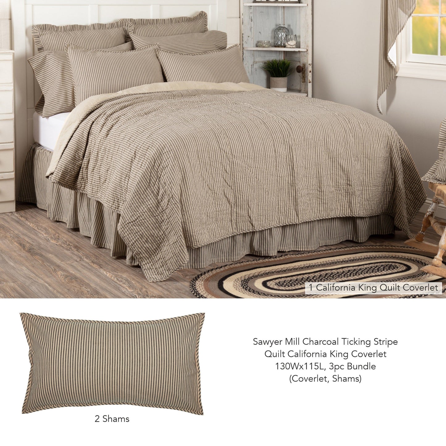 Sawyer Mill Charcoal Ticking Stripe Quilt California King Coverlet 130Wx115L 3pc Bundle (Coverlet, Shams)