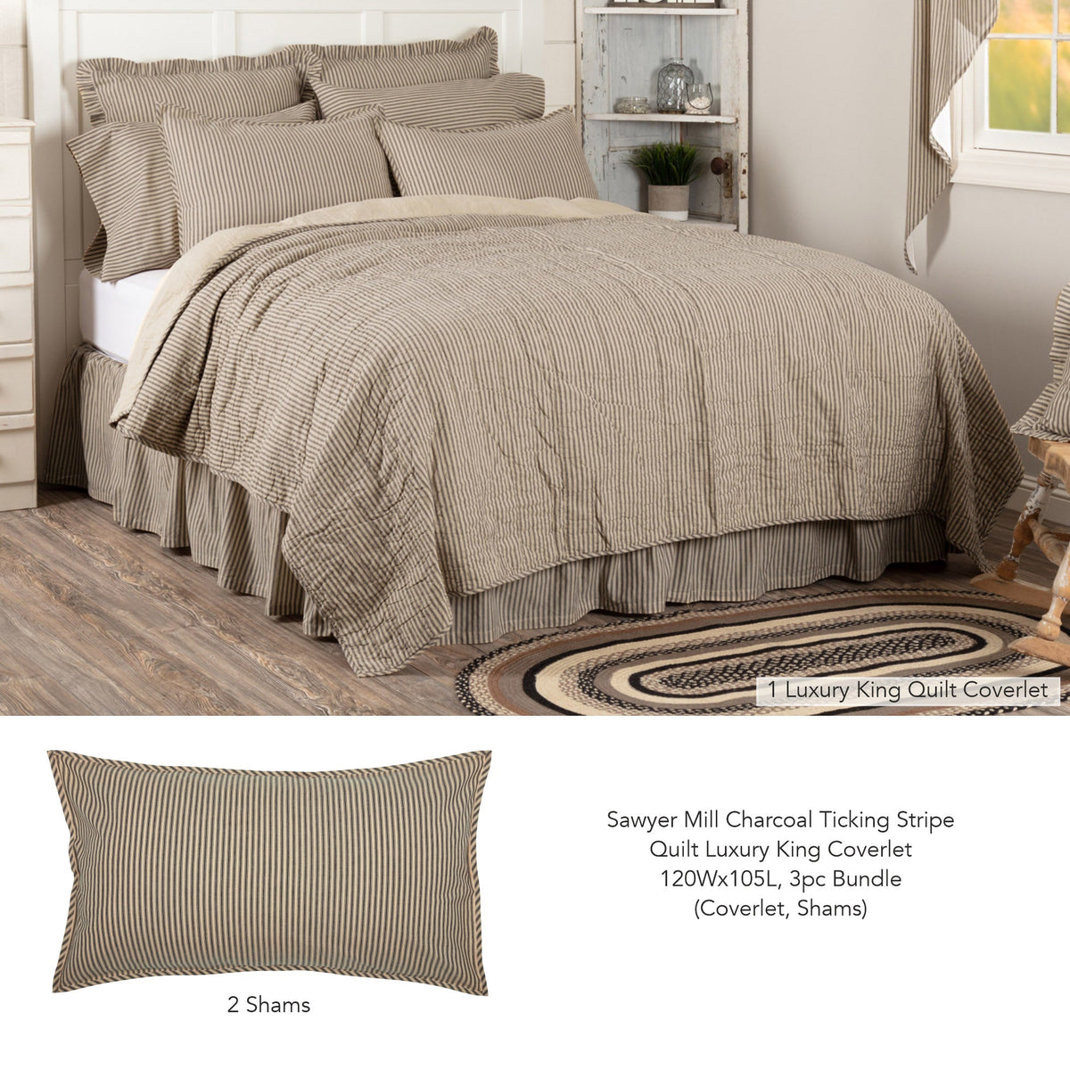 Sawyer Mill Charcoal Ticking Stripe Quilt Luxury King Coverlet 120Wx105L 3pc Bundle (Coverlet, Shams)