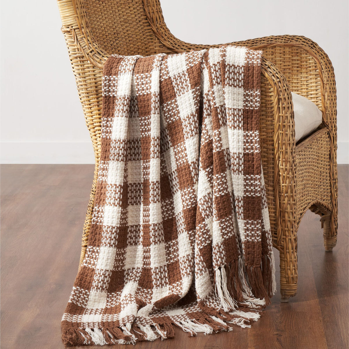 Dark Amber Woven Check Throw Blanket with Fringe