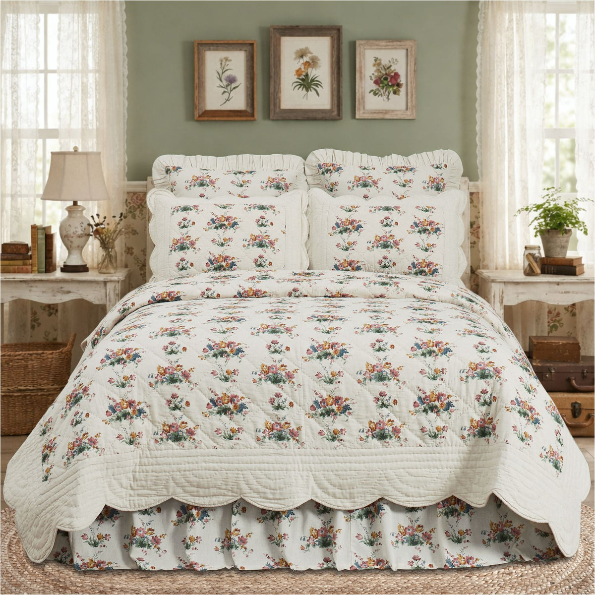 Rosehill Cottage Floral Scalloped Cotton King Quilt - 105x95 Dusty Rose & Natural Vintage Botanical Bedding