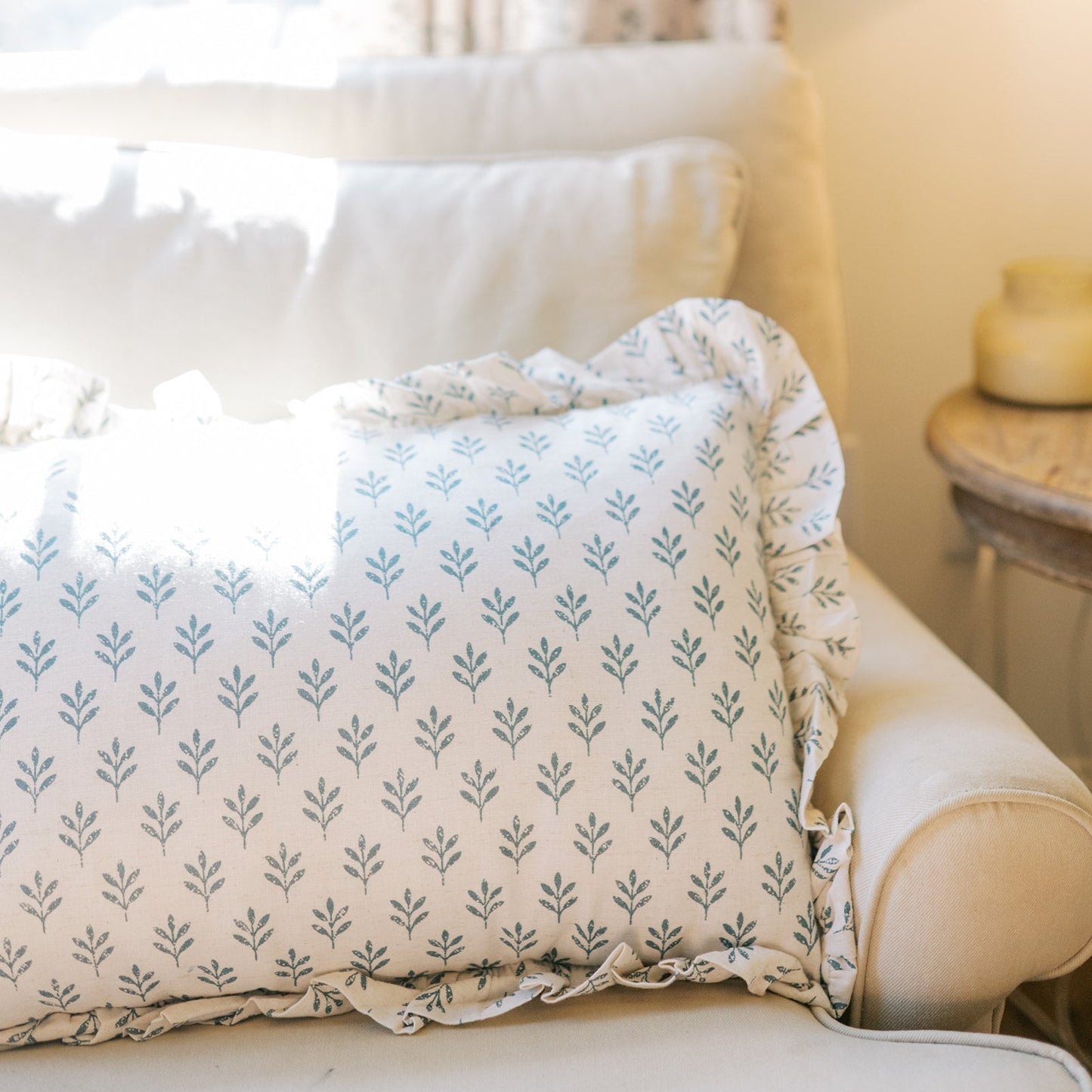 Rosehill Cottage Blue Block Print Ruffled Lumbar Pillow- Filled Botanical Decorative Cushion