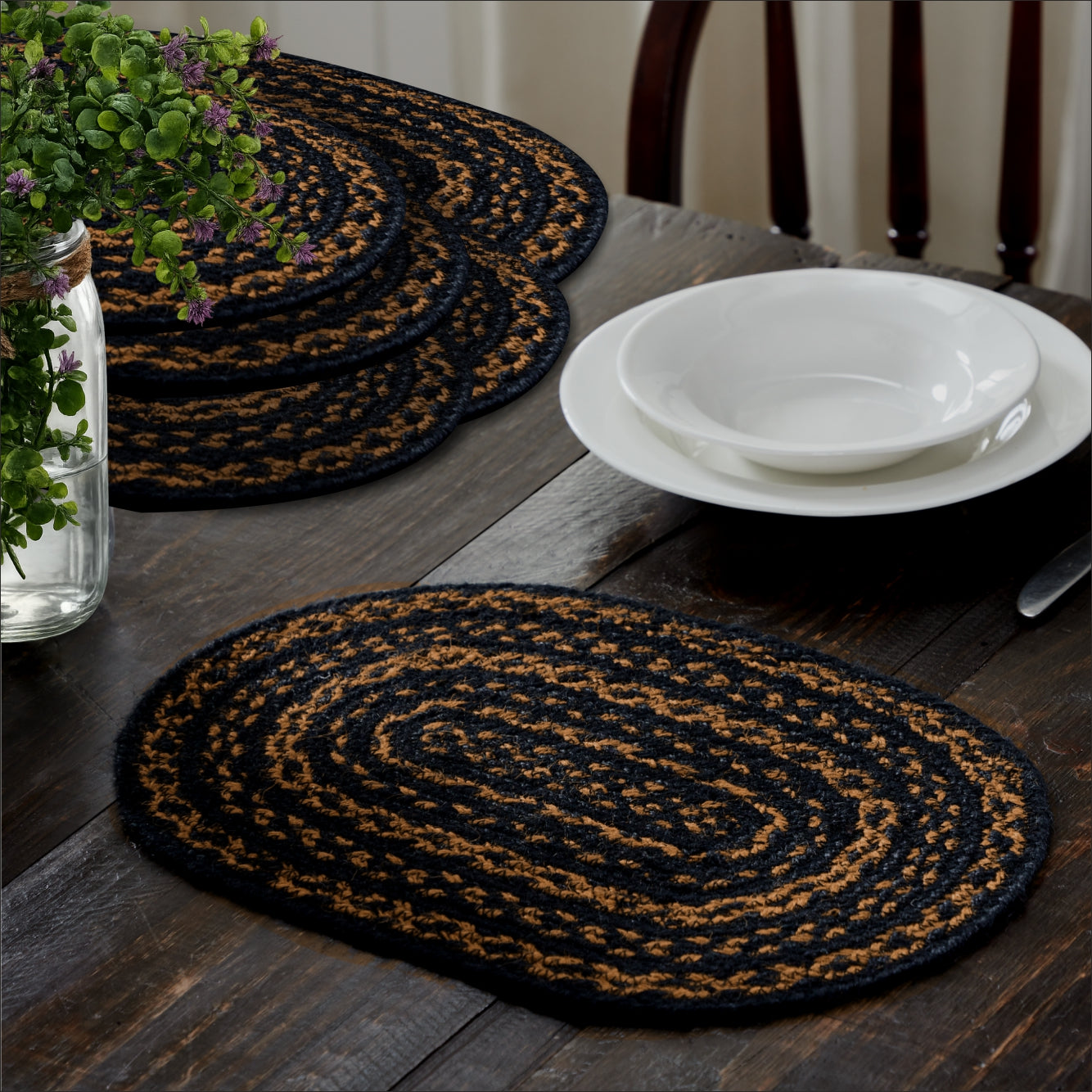 Black & Tan Jute Oval Placemat Set of 6 10x15