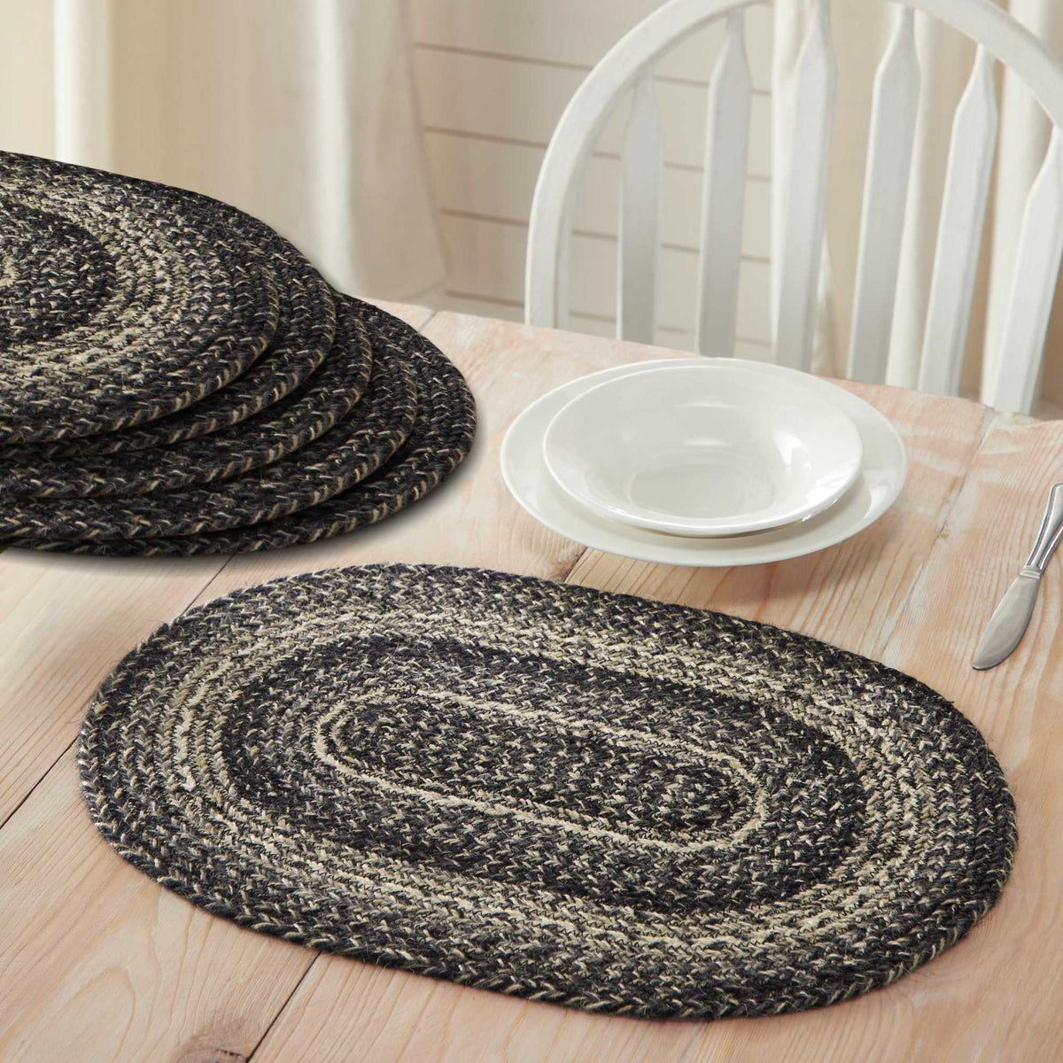 Sawyer Mill Black White Jute Oval Placemat Set of 6 13x19