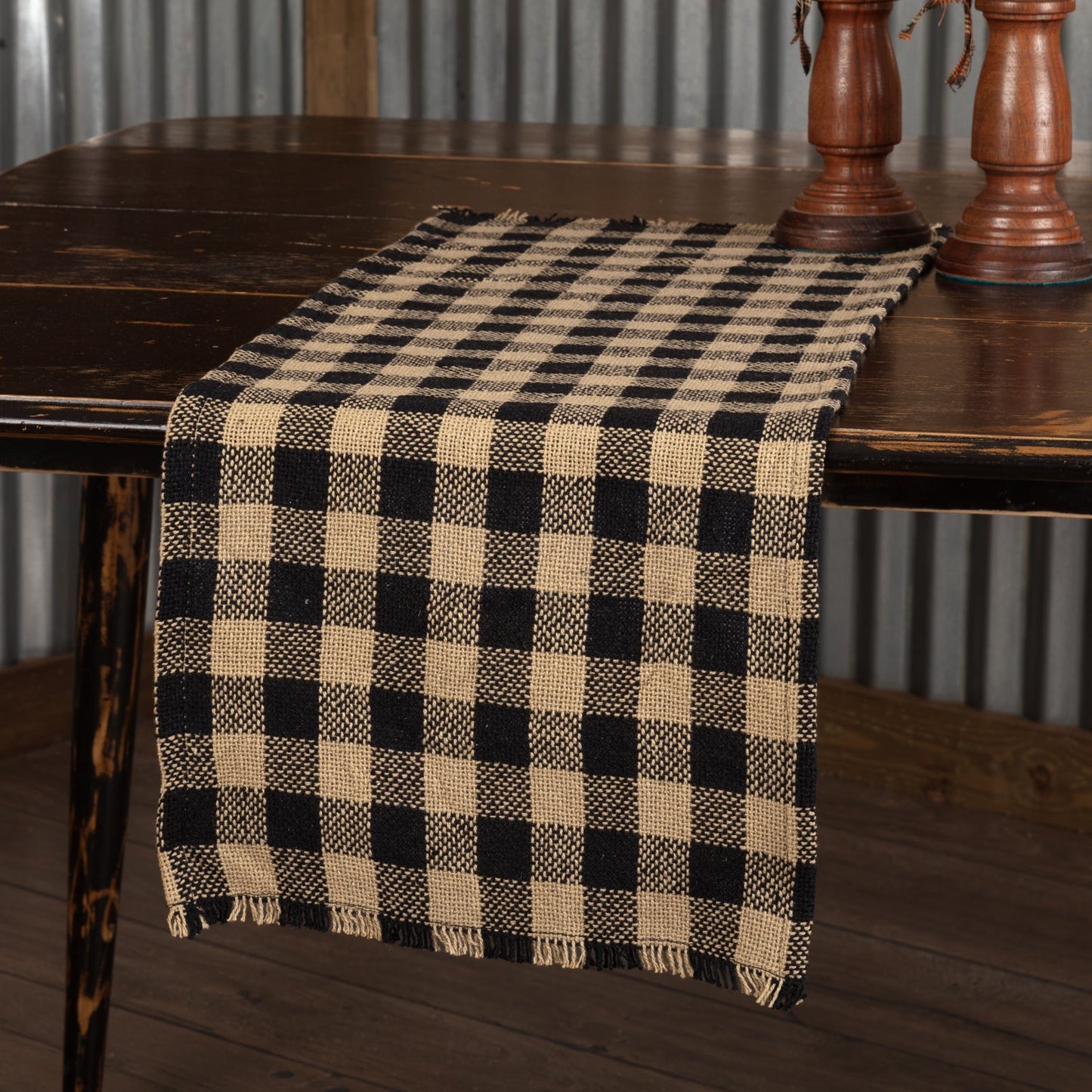 Burlap Black Check Runner Fringed