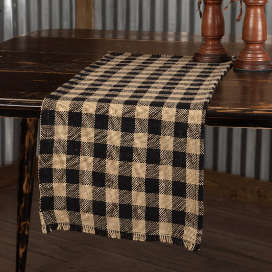 Burlap Black Check Runner Fringed