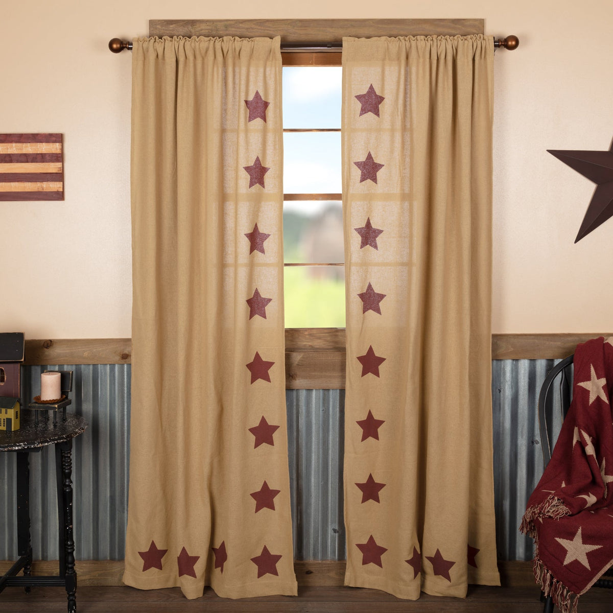 Burlap w/Burgundy Stencil Stars Panel Set of 2