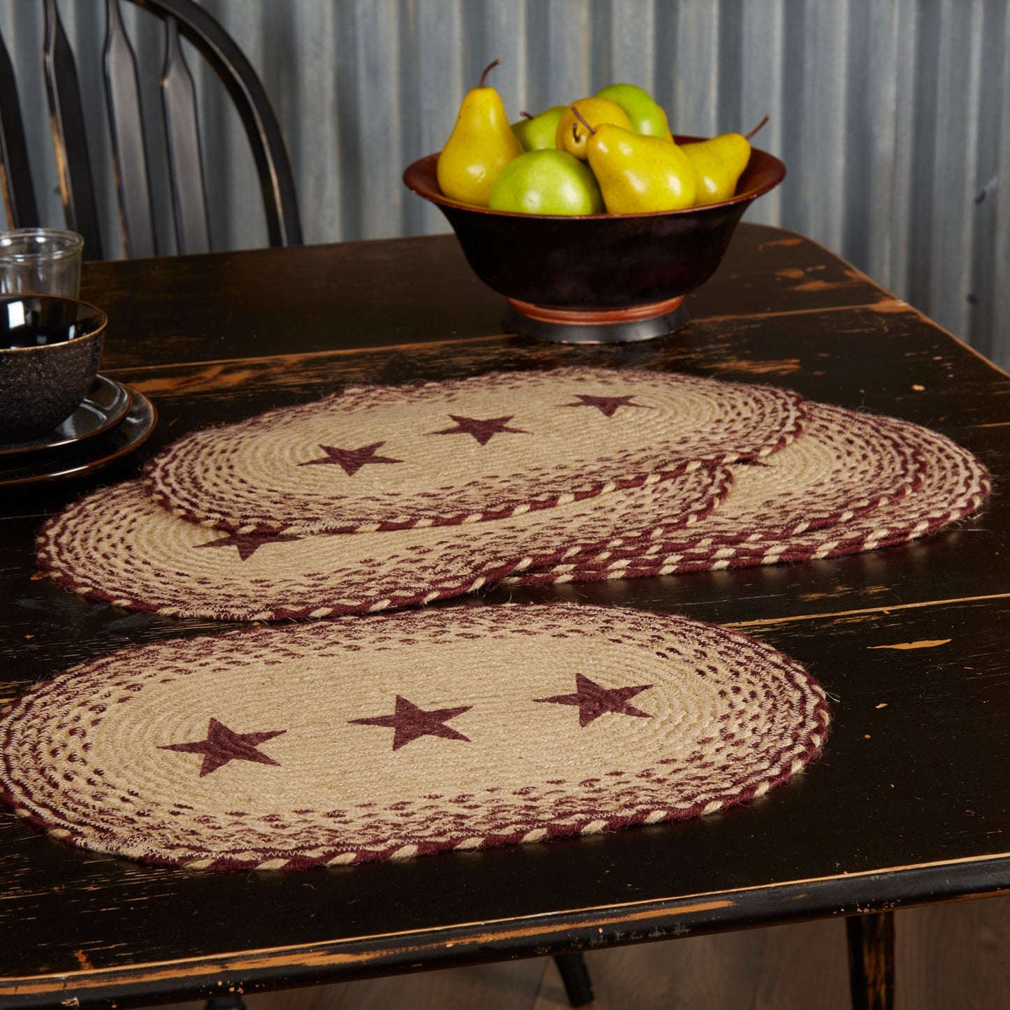 Burgundy Tan Jute Placemat Stencil Stars Set of 6