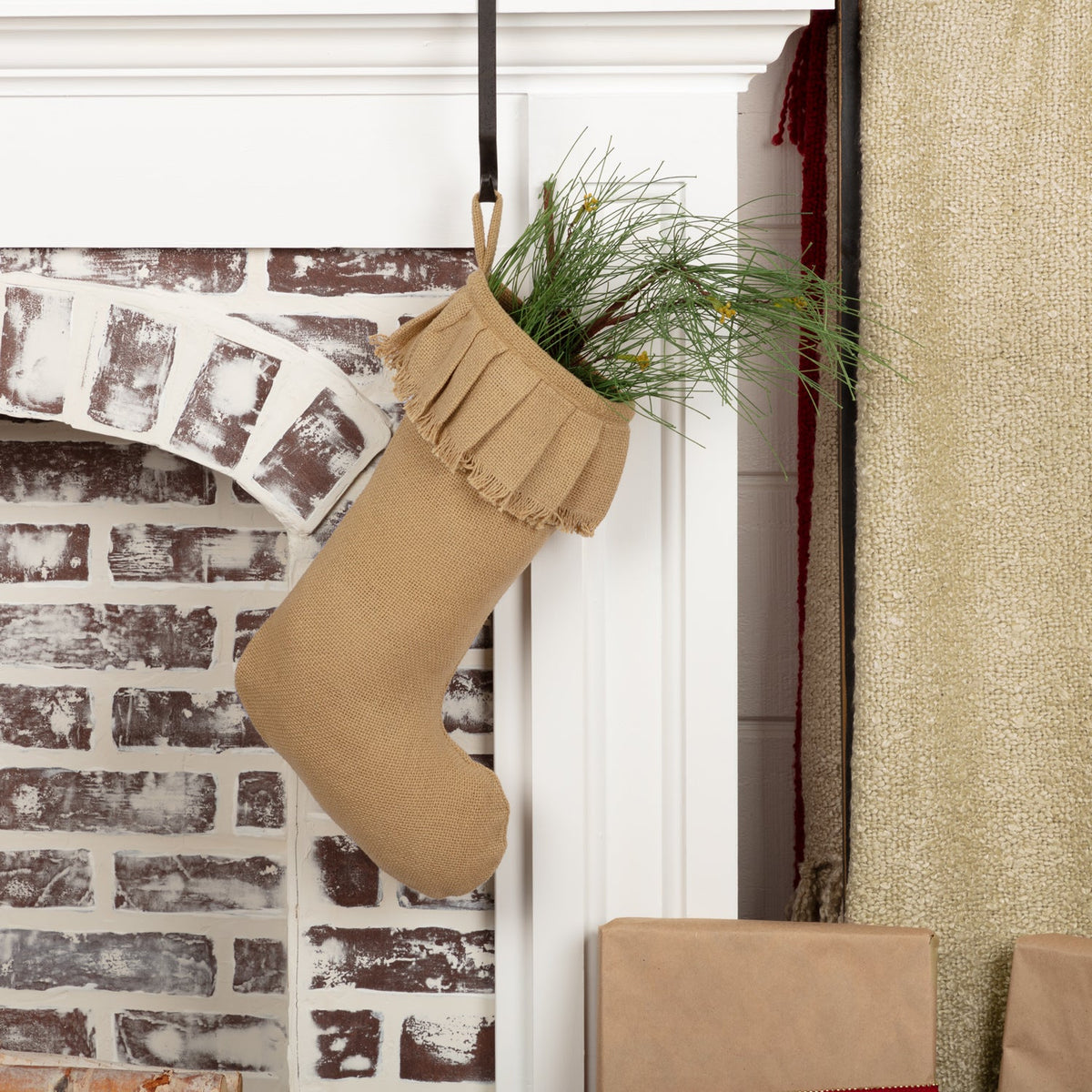 Festive Natural Burlap Ruffled Stocking