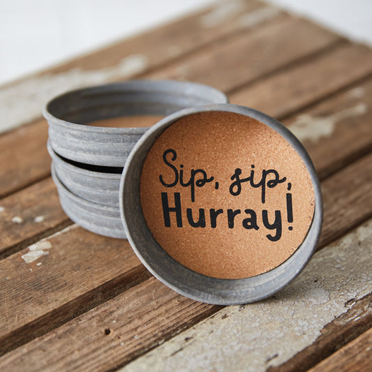 Set of Four Mason Jar Lid Coasters - Sip, Sip, Hurray