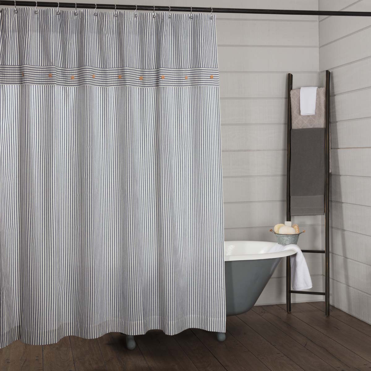 Farmhouse Ticking Blue Shower Curtain