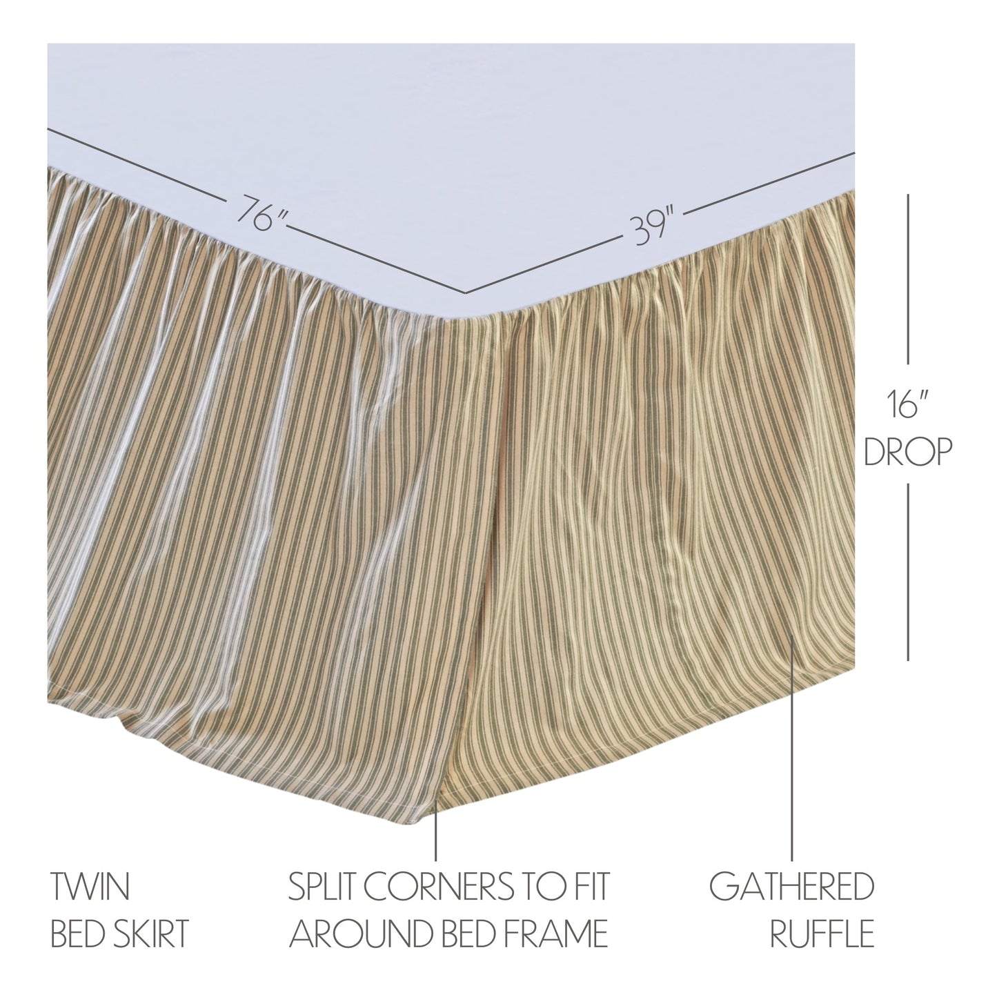 Prairie Winds Green Ticking Stripe Twin Bed Skirt 39x76x16