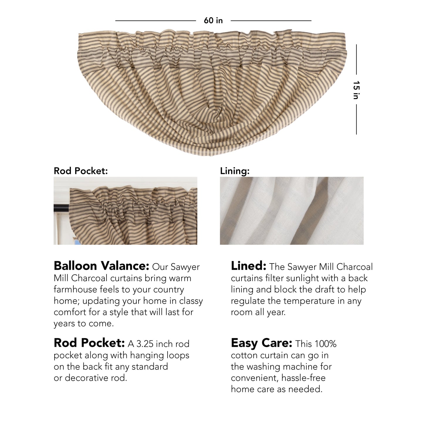 Sawyer Mill Charcoal Ticking Stripe Balloon Valance 15x60