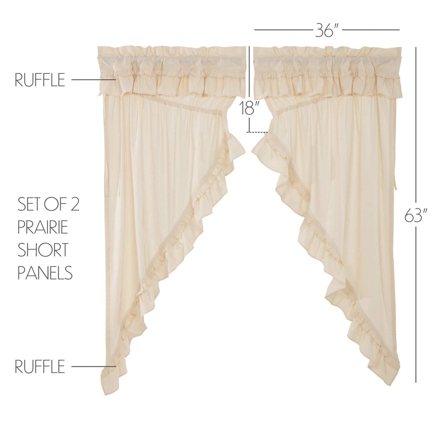 Muslin Ruffled Unbleached Natural Prairie Short Panel Set of 2 63x36x18