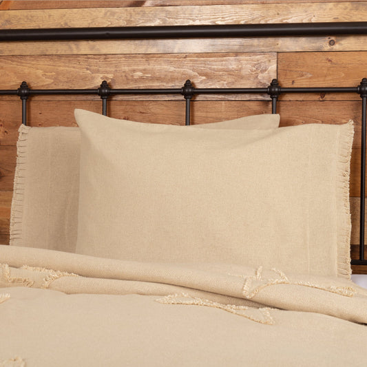 Burlap Vintage Standard Pillow Case w/ Fringed Ruffle Set of 2