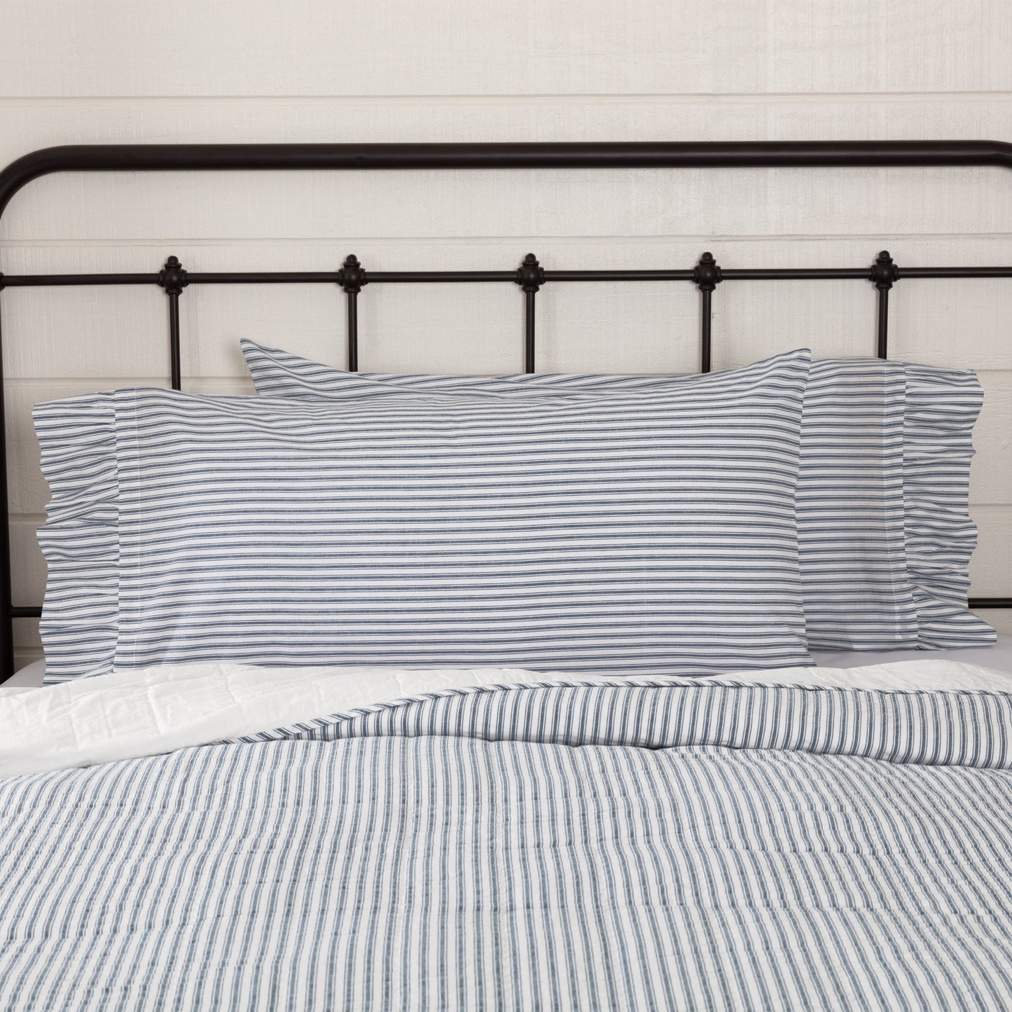 Sawyer Mill Blue Ticking Stripe Ruffled King Pillow Case Set of 2