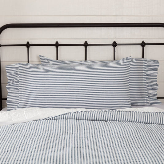 Sawyer Mill Blue Ticking Stripe Ruffled King Pillow Case Set of 2