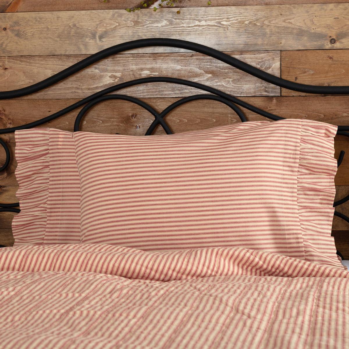 Sawyer Mill Red Ticking Stripe Ruffled Standard Pillow Case Set of 2