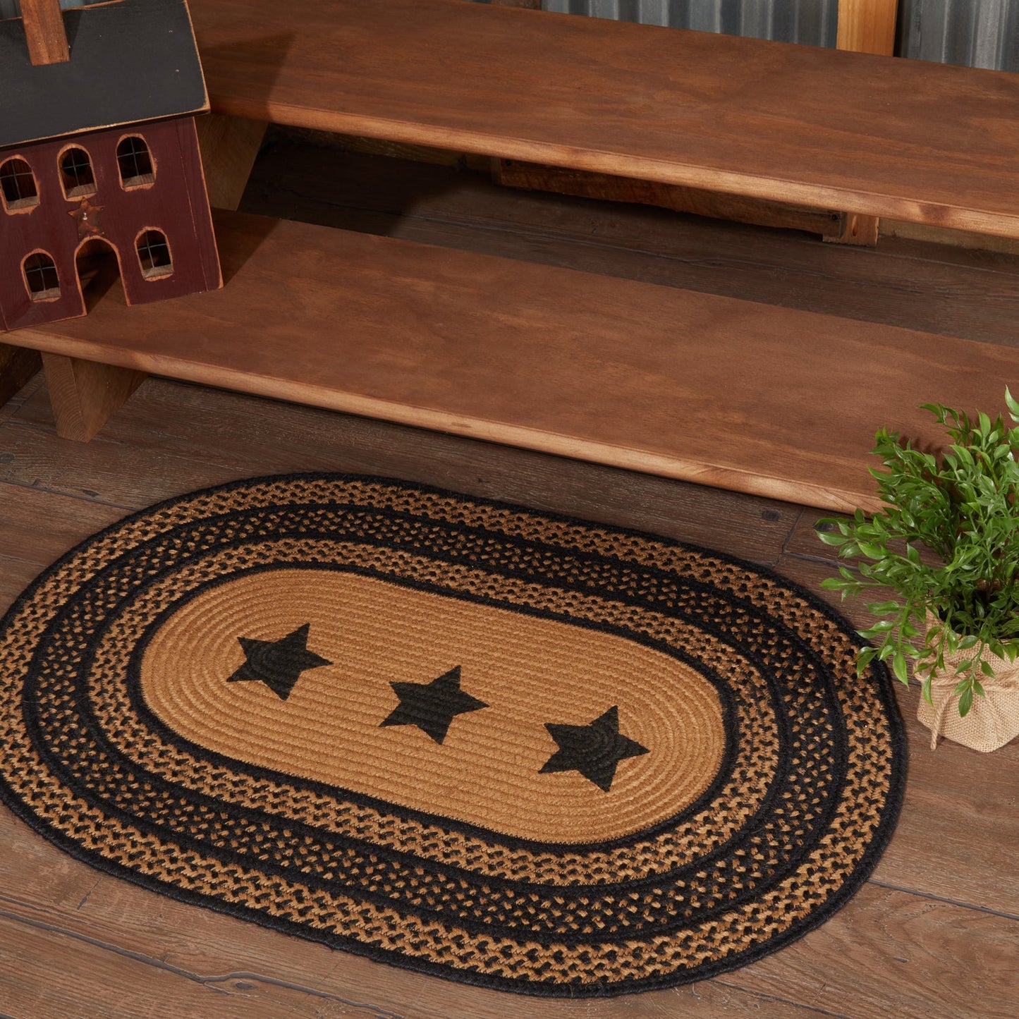 Farmhouse Jute Rug Oval Stencil Stars 24x36
