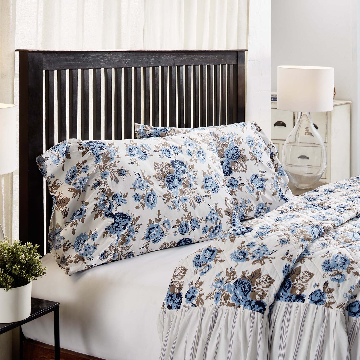 Annie Blue Floral Ruffled Standard Pillow Case Set of 2 +8