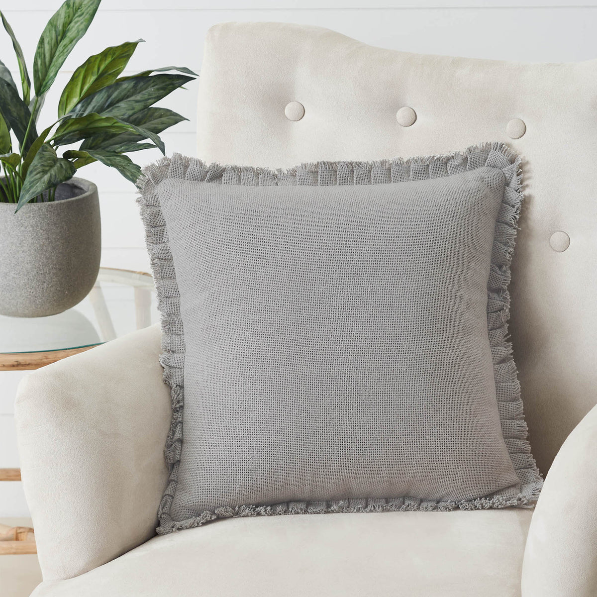 Burlap Dove Grey Pillow w/ Fringed Ruffle