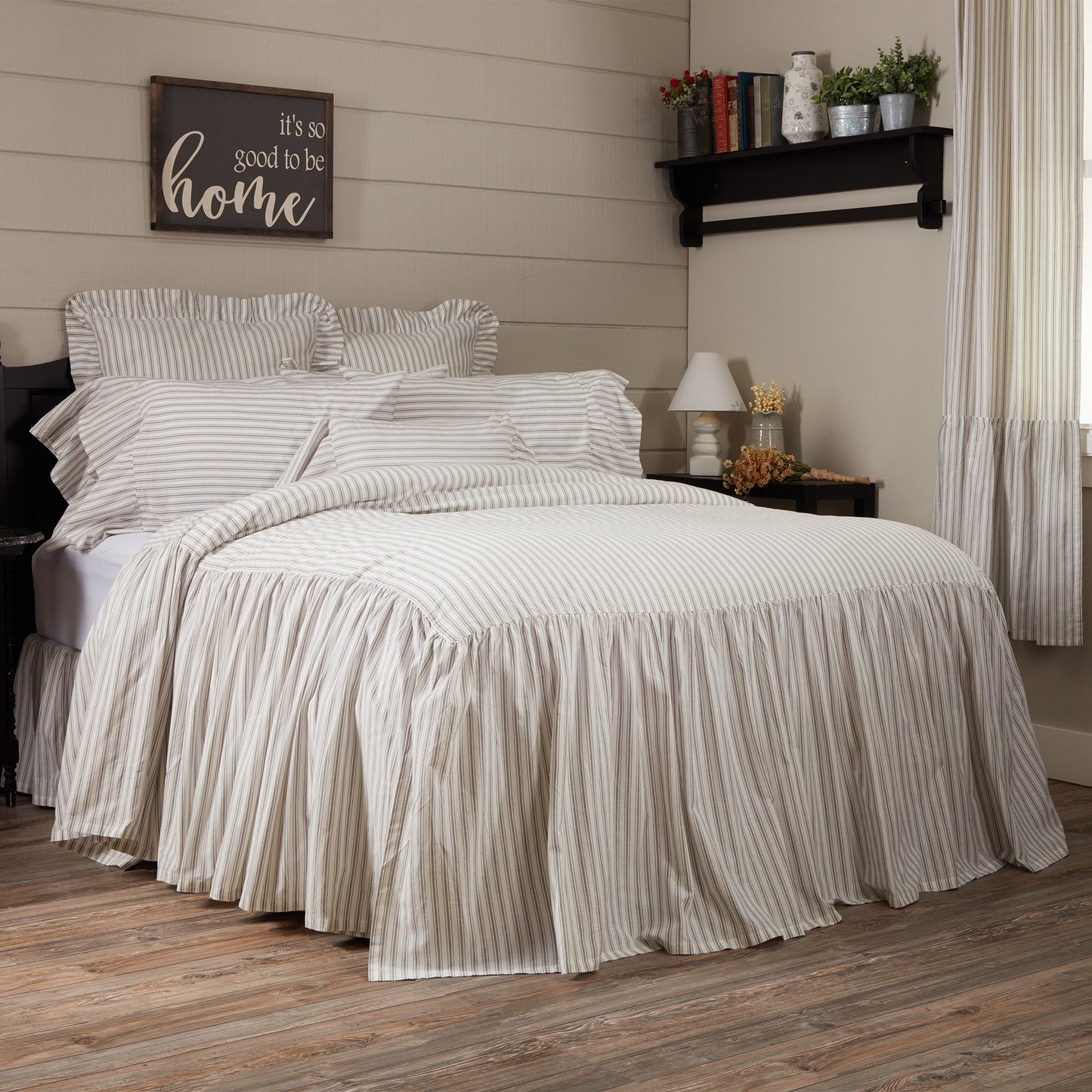 Timeless Ticking Gray Ruffled King Bedspread 80Lx76W+27