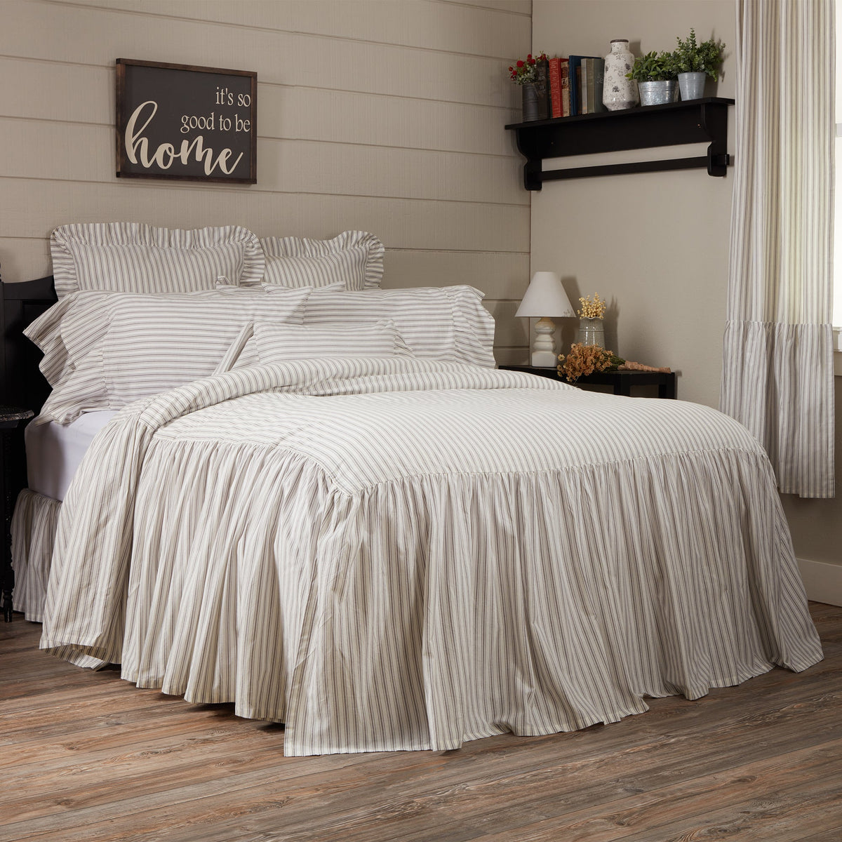 Timeless Ticking Gray Ruffled Queen Bedspread 80Lx60W+27