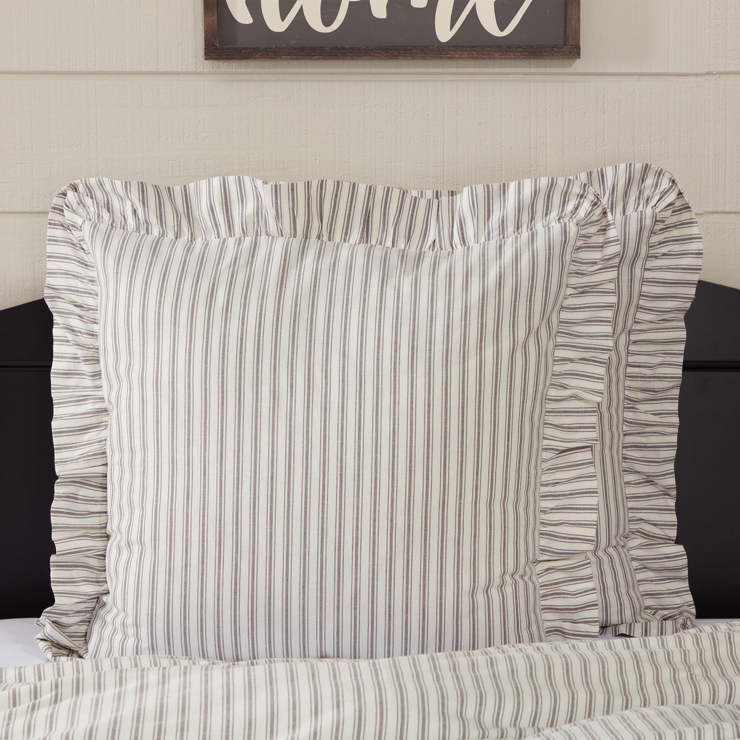 Timeless Ticking Gray Ruffled Fabric Euro Sham