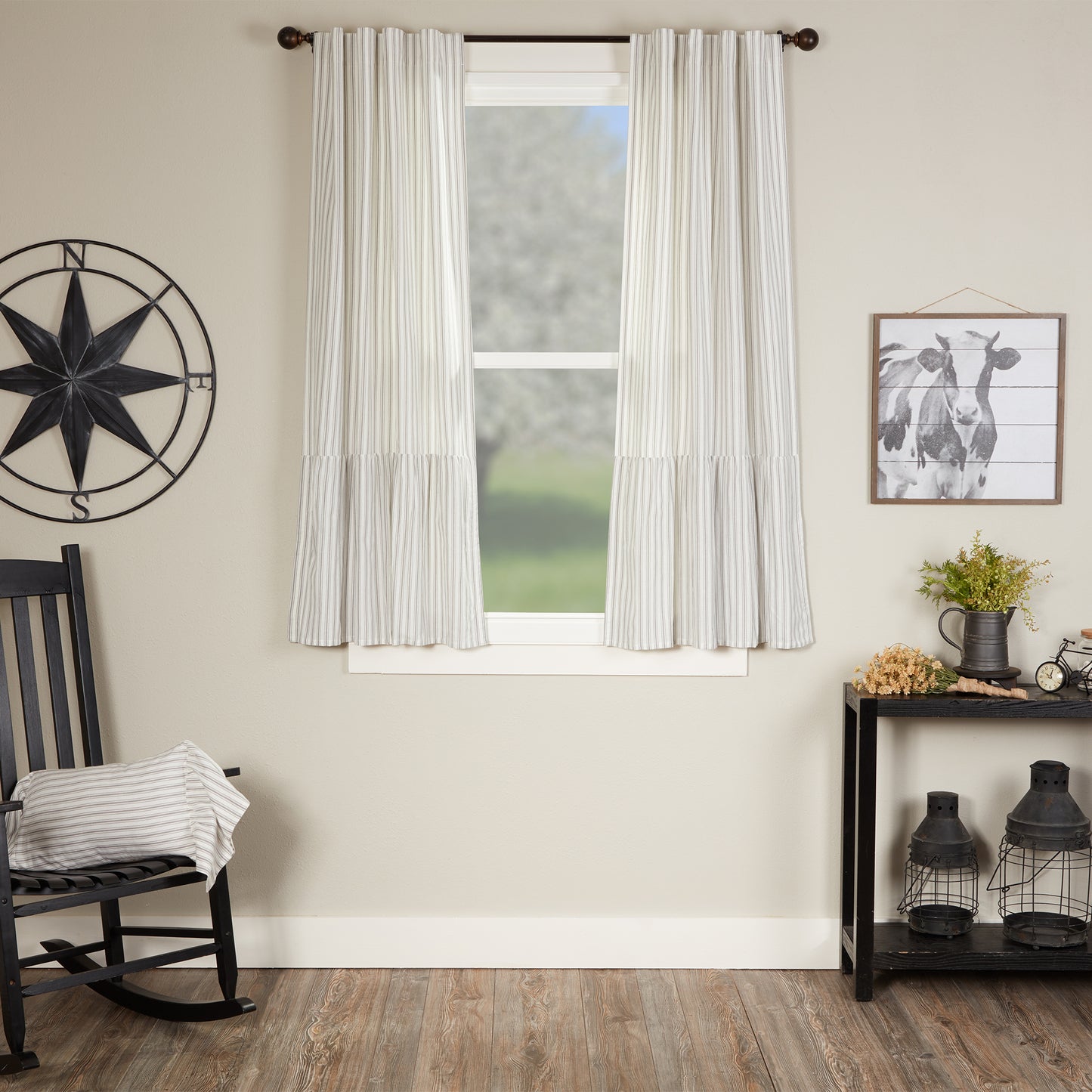 Timeless Ticking Gray Ruffled Short Panel Set of 2 63Lx36W
