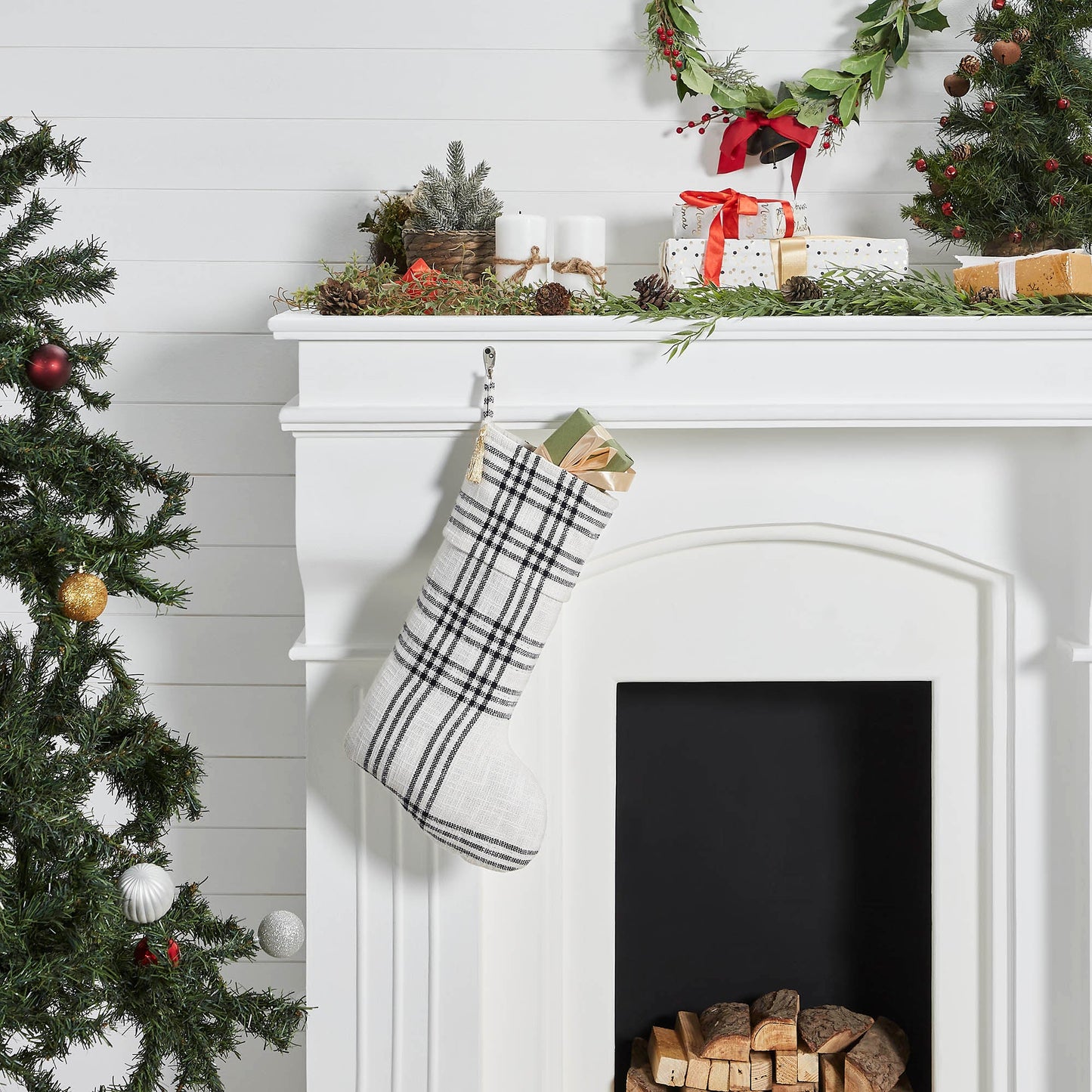 Wintergleam Black White Plaid Stocking