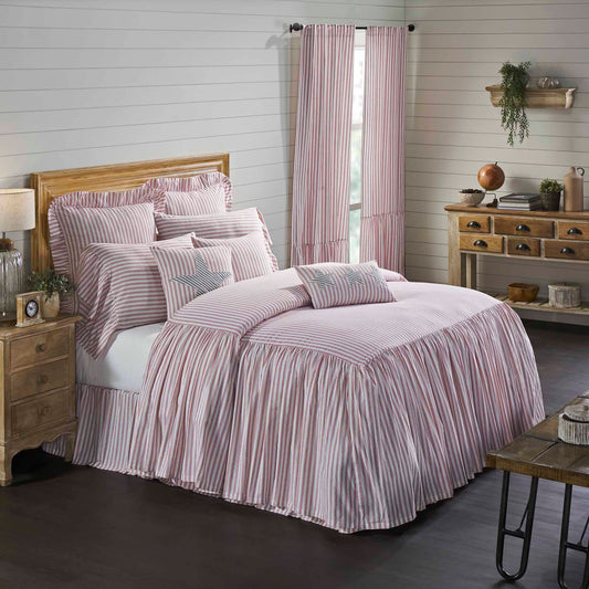 Timeless Ticking Red Ruffled King Bedspread 80Lx76W+27