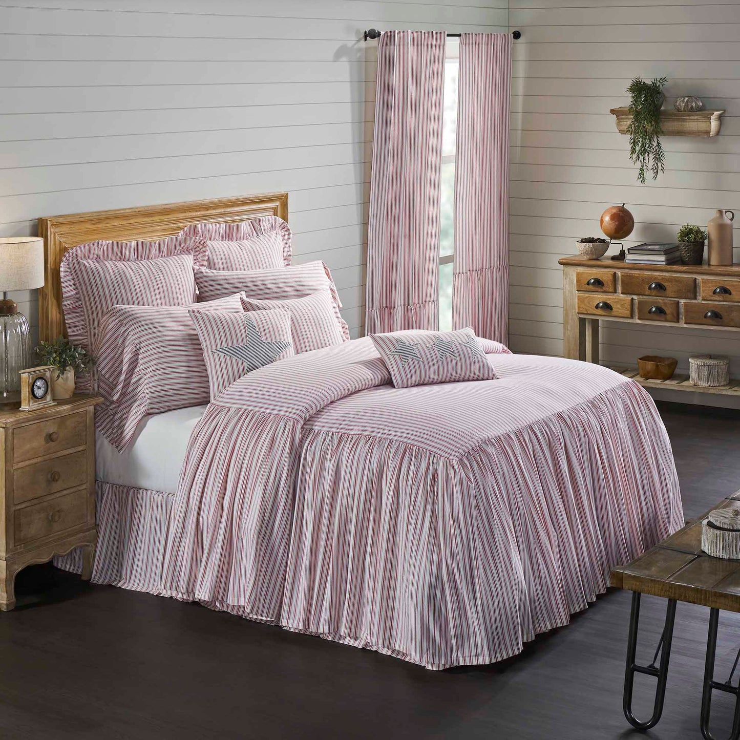 Timeless Ticking Red Ruffled King Bedspread 80Lx76W+27