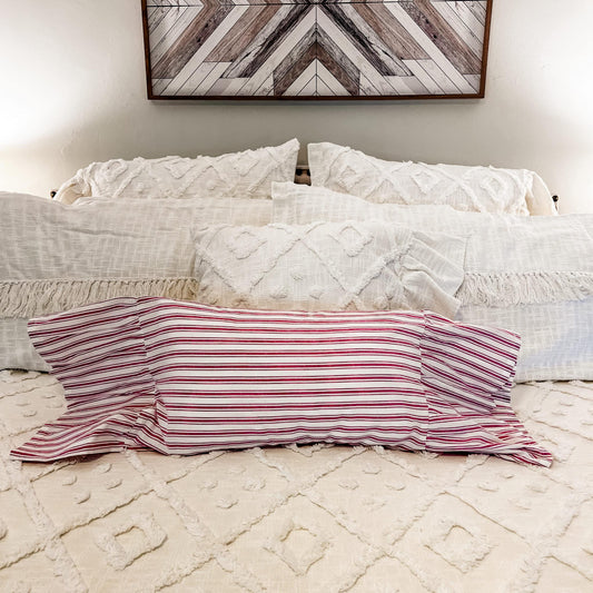 Timeless Ticking Red Ruffled Pillow Cover 20Lx12W
