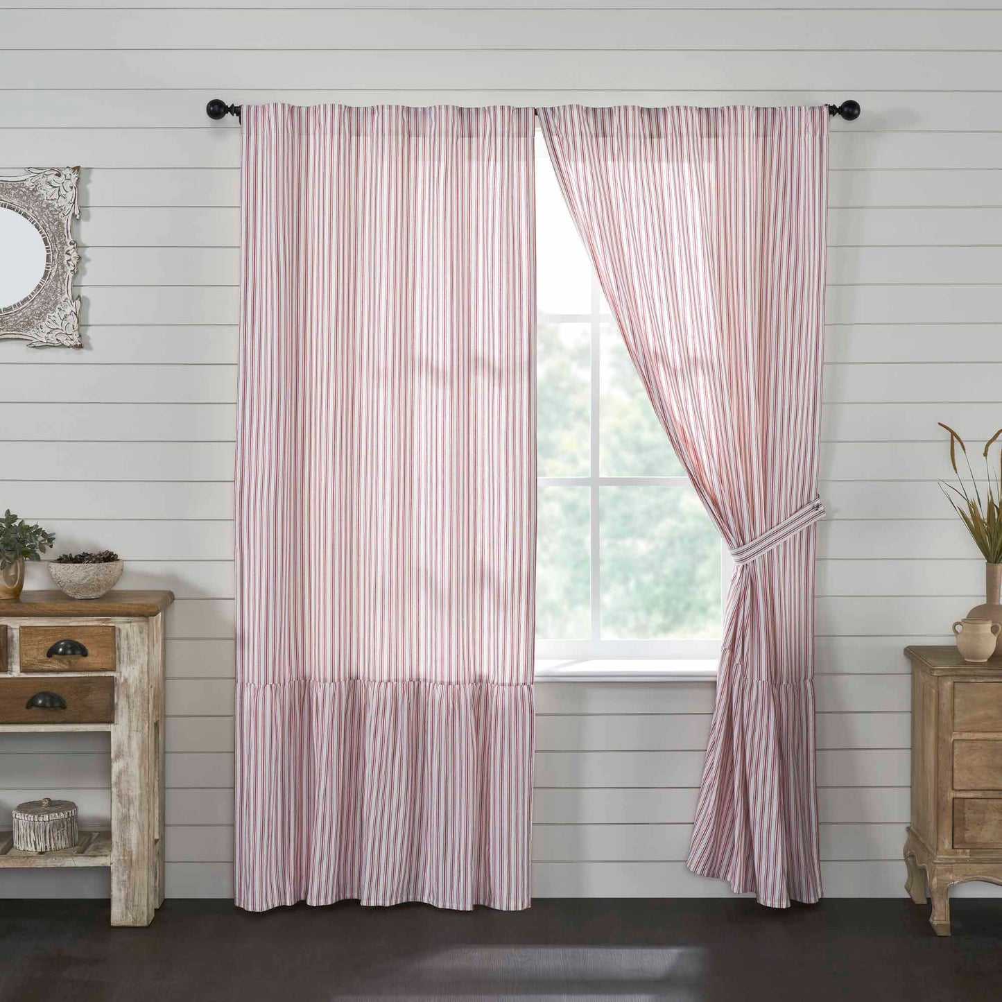Timeless Ticking Red Ruffled Panel Set of 2 96Lx50W