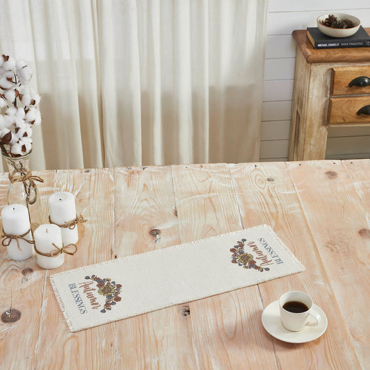 Autumn Blessings Cotton Farmhouse Table Runner Fall Harvest Thanksgiving Decor with Pumpkins, Leaves, Berries
