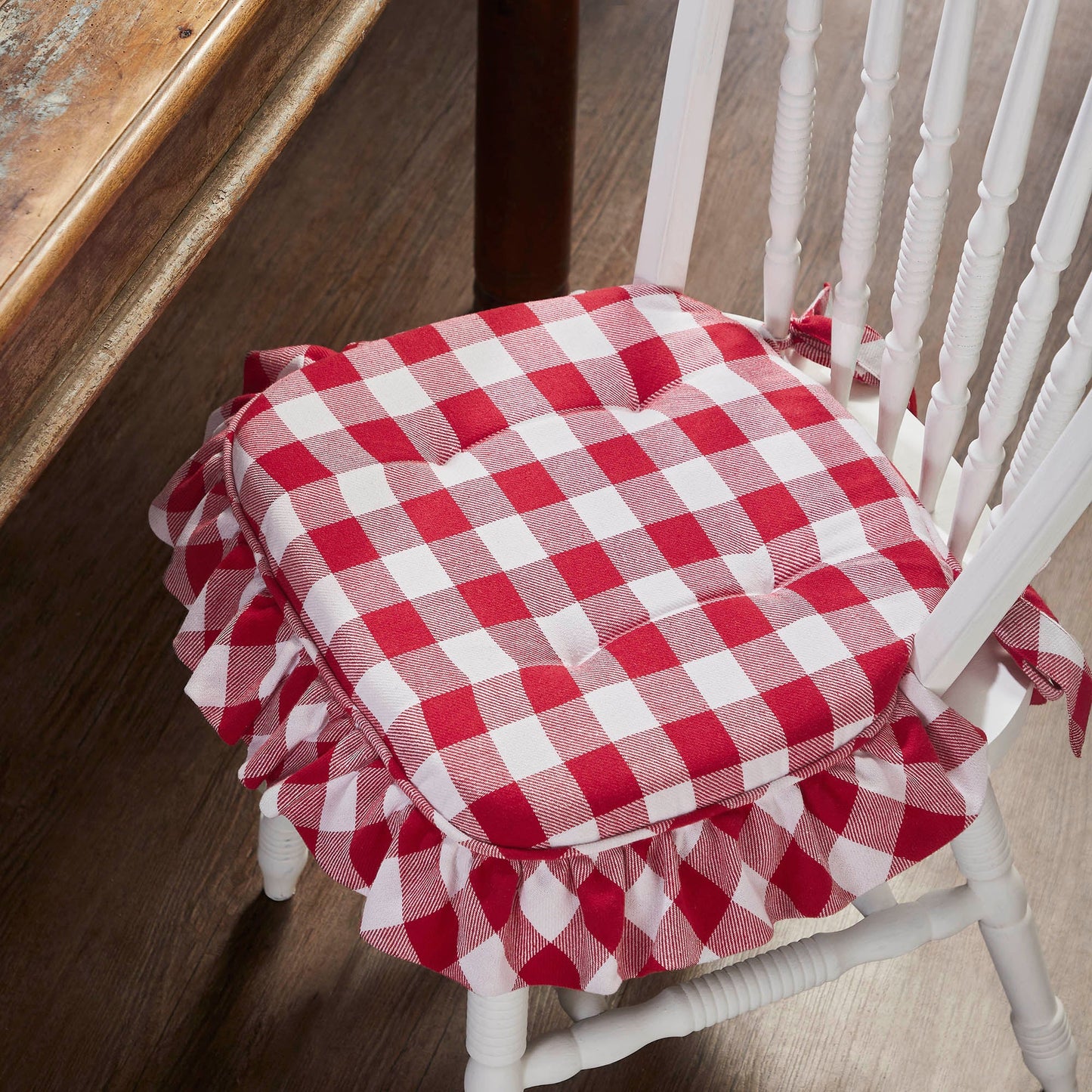 Annie Red White Ruffled Check Farmhouse Chair Pad