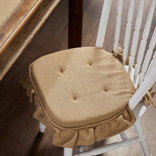 Natural Cotton Burlap Ruffled Chair Pad- Firm Foam Cushion