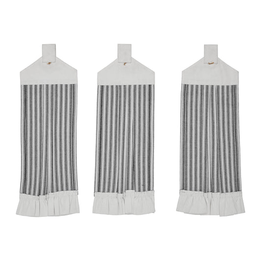 Sawyer Mill Black Ticking Stripe Button Loop Tea Towel Set of 3